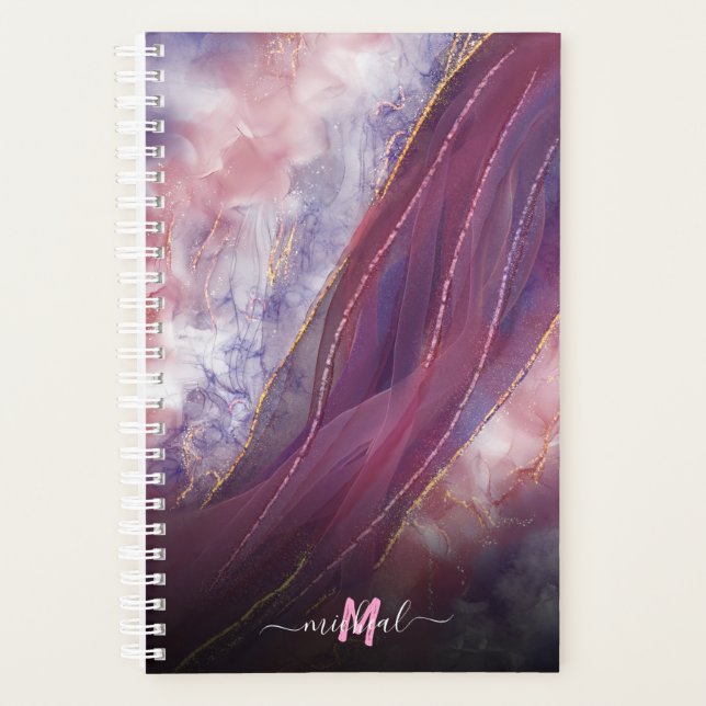 Custom Add your name and letter pink Purple Marble Planner (Front)
