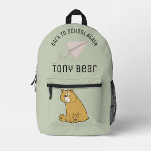 Custom adorable cartoon bear Sage green School Printed Backpack