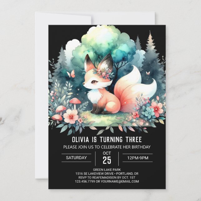 Custom Adorable Fox Birthday digital Invitation (Front)