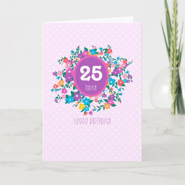 Custom Age Birthday Flowers and Polka Dots Card (Front)