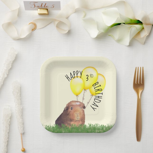 Custom Age Birthday Guinea Pig Yellow Balloons Paper Plate (Wedding)