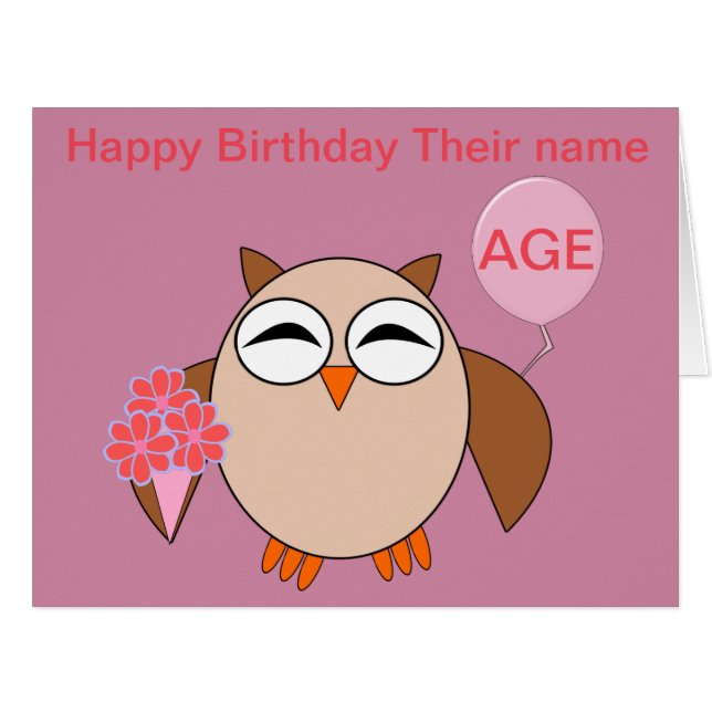 Custom Age Birthday Owl Card (Front Horizontal)