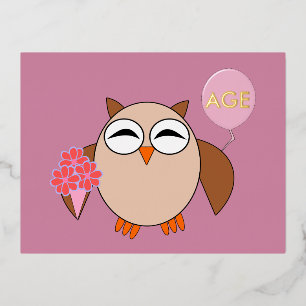 Custom Age Birthday Owl Foil Holiday Postcard