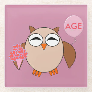 Custom Age Birthday Owl Glass Coaster