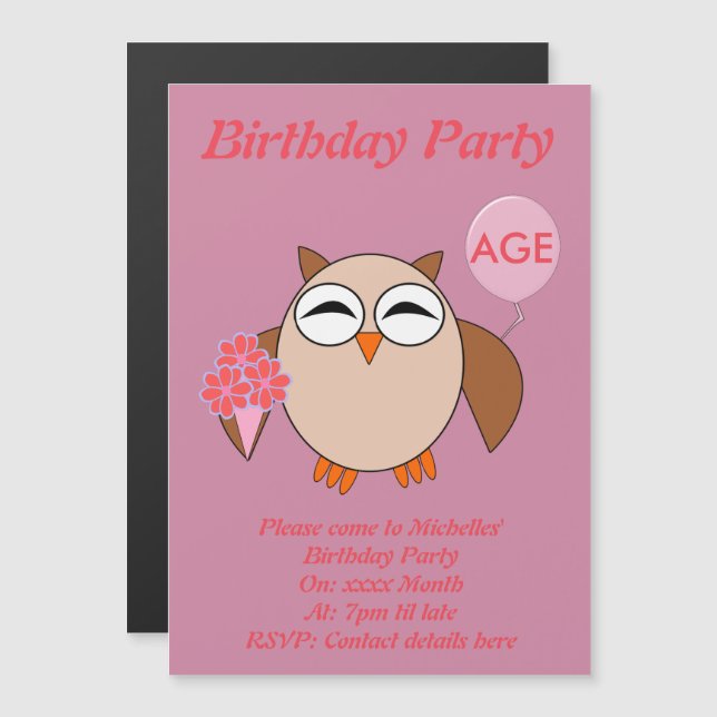 Custom Age Birthday Owl Party Invites (Front/Back)