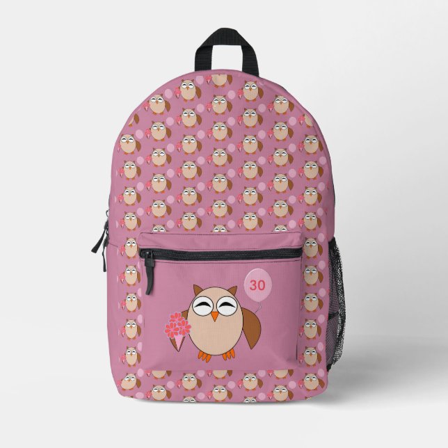 Custom Age Birthday Owl Printed Backpack (Front)