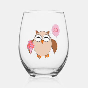 Custom Age Birthday Owl Stemless Wine Glass