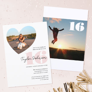 Custom Age Birthday Party Photo Heart Teen White Invitation