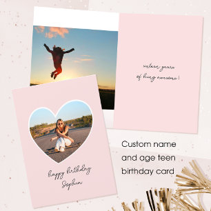 Custom Age Happy Birthday Photo Heart Teen Pink Card