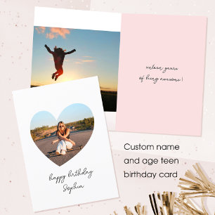 Custom Age Happy Birthday Photo Heart Teen White Card