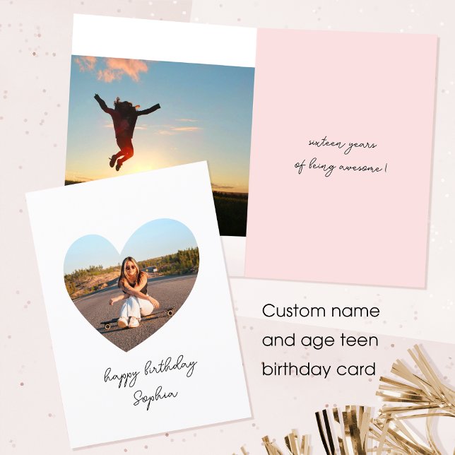 Custom Age Happy Birthday Photo Heart Teen White Card (Creator Uploaded)