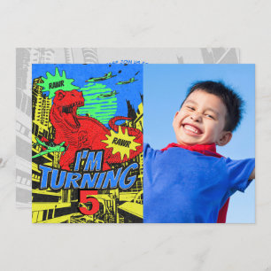 Custom Age Kid Comic Dinosaur Birthday Party Photo Invitation