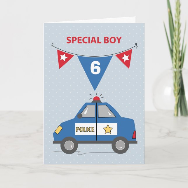 Custom Age Special Boy 6th Birthday Police Car Card (Front)