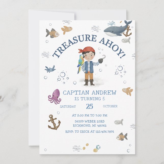 Custom Ahoy Mateys Printable Birthday Party Invitation (Front)