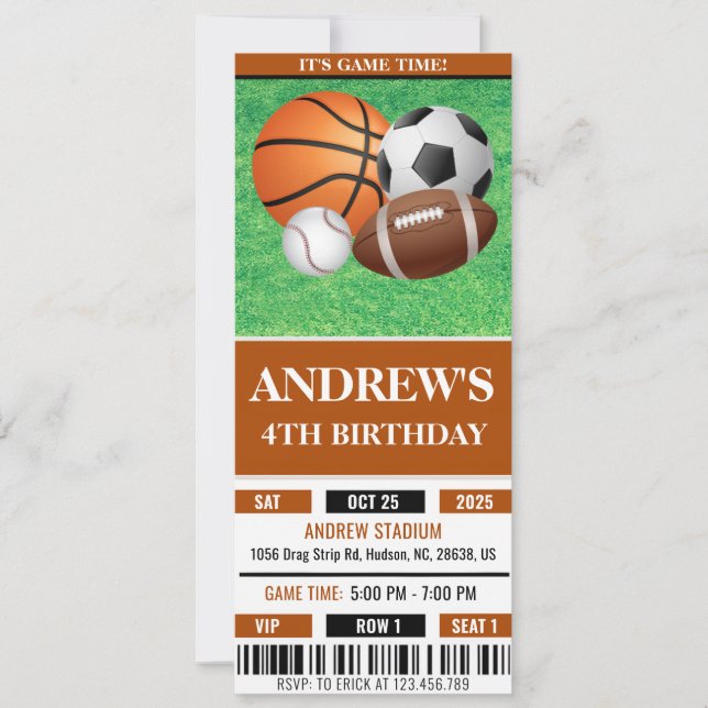 Custom All Star Sports Ticket Birthday Invitation (Front)