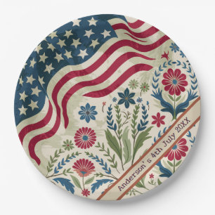 Custom American Flag Rustic Floral 4th July Paper Plate