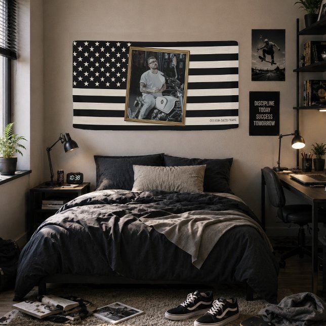 Custom American Flag with Your Photo, Dorm Decor Banner (Custom American Flag with Your Photo, USA Black Flag Dorm Decor Banner)