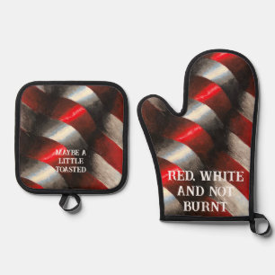 Custom American Red & White Oven Mitt & Pot Holder Set