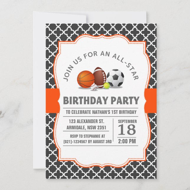 Custom an all-star quatrefoil sport birthday party invitation (Front)
