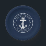 Custom Anchor Boat Name Navy Blue Nautical  Paper Plate<br><div class="desc">Add your boat name and dock by clicking the "Personalise" button. Set sail in style with our custom nautical-themed boating swag. The paper plates boasts a cute design inspired by the ocean's wonders, featuring classic maritime motifs such as an anchor and rope. Whether you're cruising along the coast or embarking...</div>