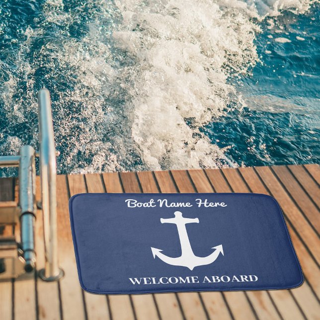 Custom Anchor Navy Blue Bath Mat Boat Name Welcome (Creator Uploaded)