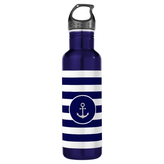 Custom Anchor on Navy Blue & White Striped 710 Ml Water Bottle (Front)