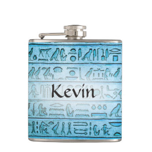 Custom Ancient Egyptian Hieroglyphs Blue Hip Flask