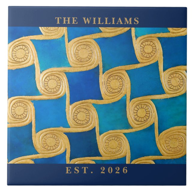 Custom Ancient Egyptian Monogram Blue Gold Ceramic Tile (Front)