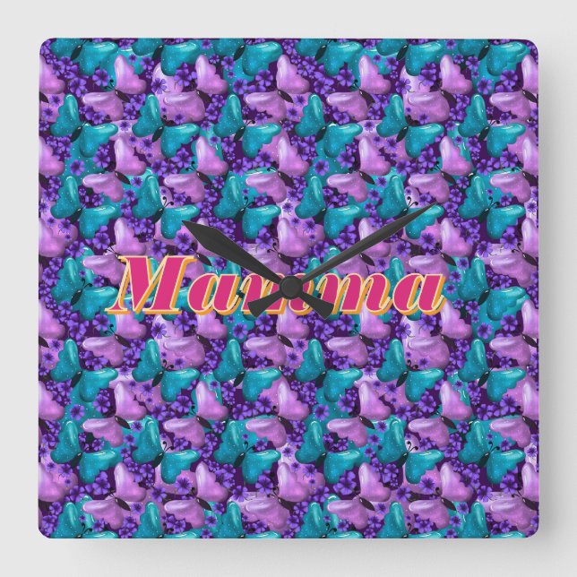 Custom and personalised butterfly floral gift  square wall clock (Front)