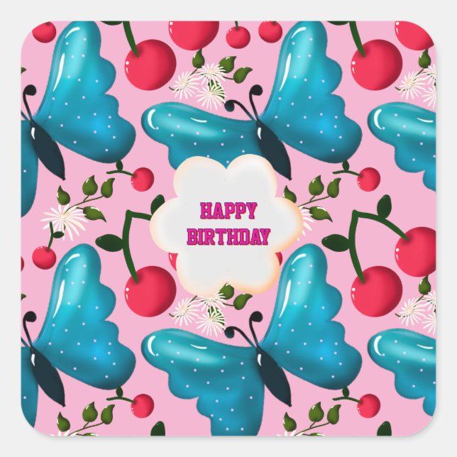Custom and personalised cherry butterfly gift   square sticker (Front)