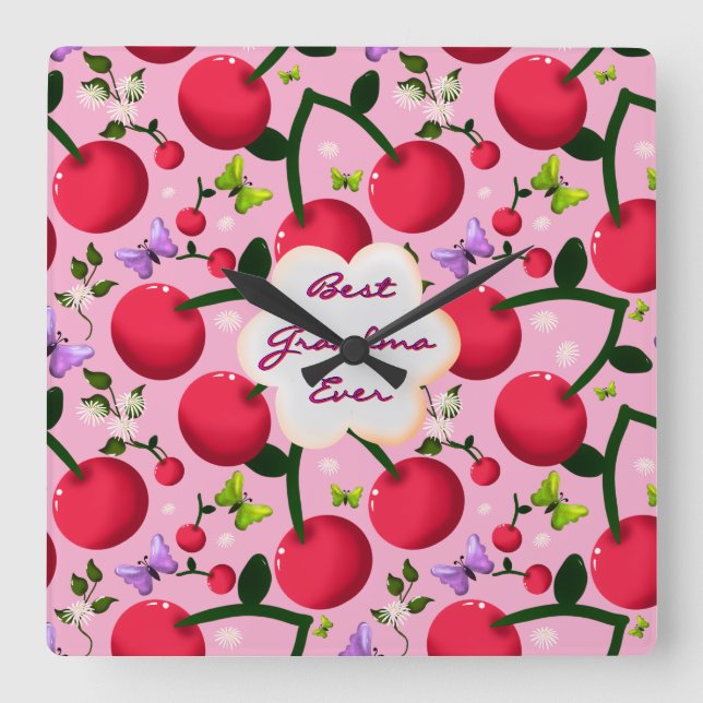 Custom and personalised cherry butterfly gift  square wall clock (Front)