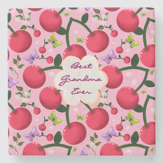 Custom and personalised cherry butterfly gift  stone coaster (Front)