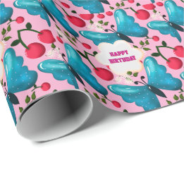 Custom and personalised cherry butterfly gift wrapping paper