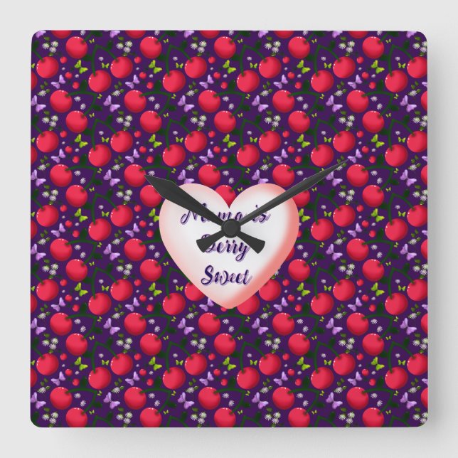 Custom and personalised Cute Cherry Butterfly  Square Wall Clock (Front)