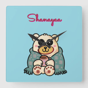 Custom and personalised cute polar bear square wall clock
