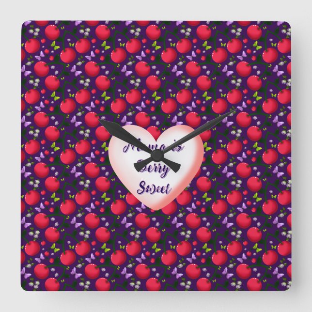 Custom and personalized Cute Cherry Butterfly  Square Wall Clock (Front)