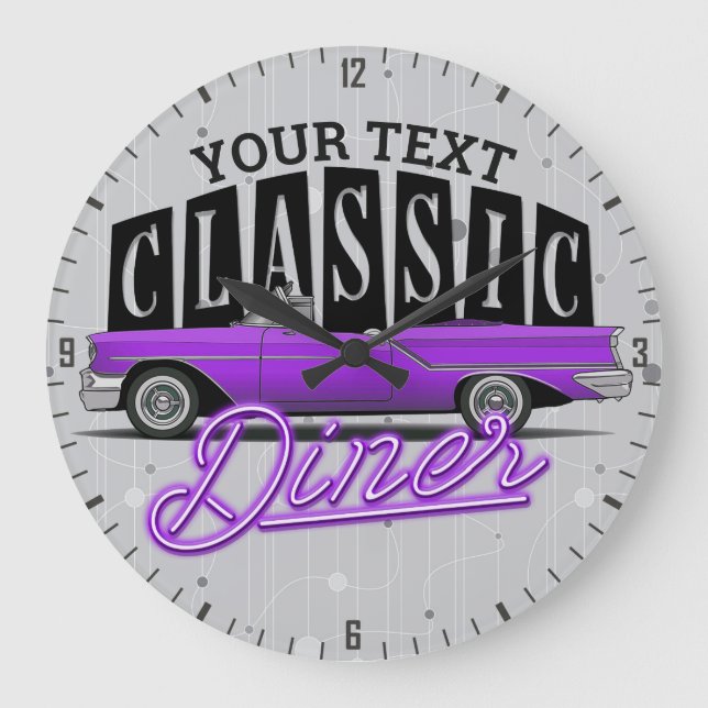Custom Any Name Faux Neon 1950's Classic Car Diner Large Clock (Front)