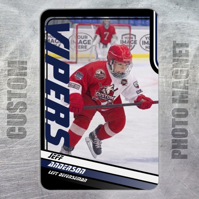 Custom Apex Blue Ice Hockey Photo Magnet (Ice Hockey: Sleek blue and black magnet featuring customizable player image and team name.)