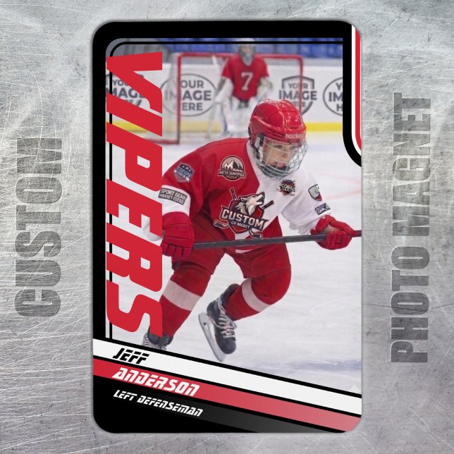 Custom Apex Red Ice Hockey Photo Magnet (Ice Hockey: Stand out with this red and black magnet featuring customizable player image and team.)