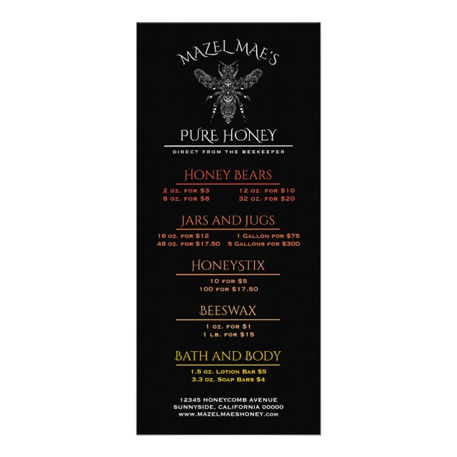Custom Apiary Honey Menu (Front)