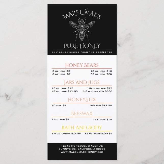 Custom Apiary Honey Menu (Front)