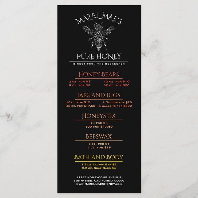 Custom Apiary Honey Menu (Front)