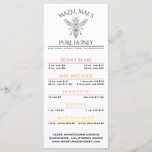 Custom Apiary Honey Menu (Front)