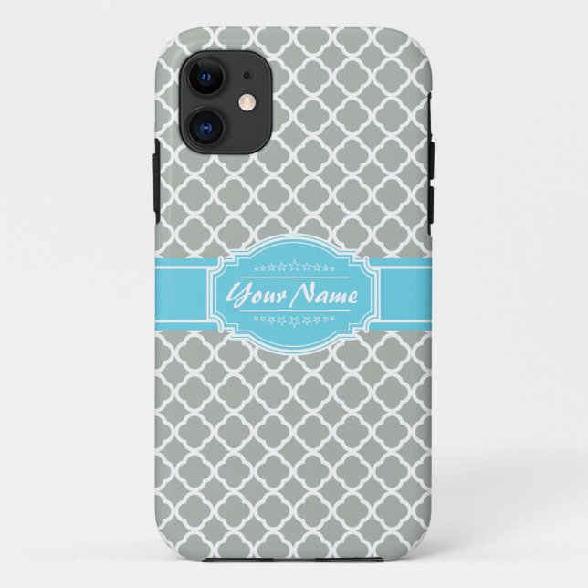 Custom Aqua and Silver Grey Moroccan Quatrefoil Case-Mate iPhone Case (Back)