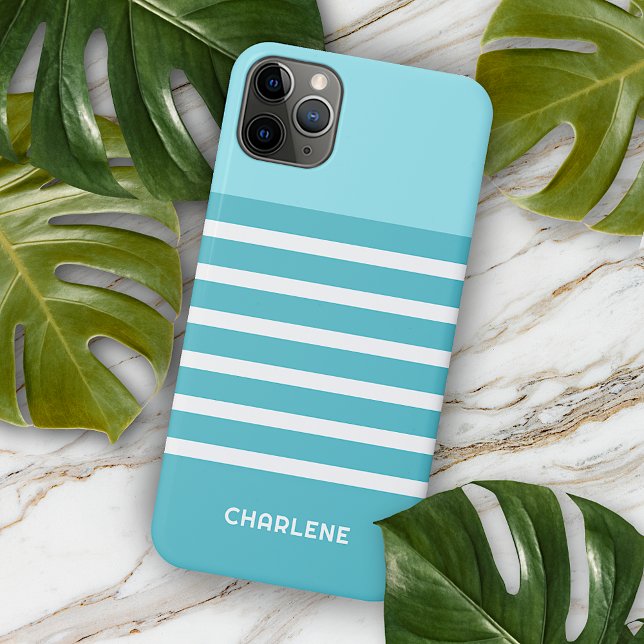 Custom Aqua Turquoise Blue Green White Stripes Case-Mate iPhone Case (Creator Uploaded)