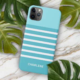 Custom Aqua Turquoise Blue Green White Stripes iPhone 11Pro Max Case