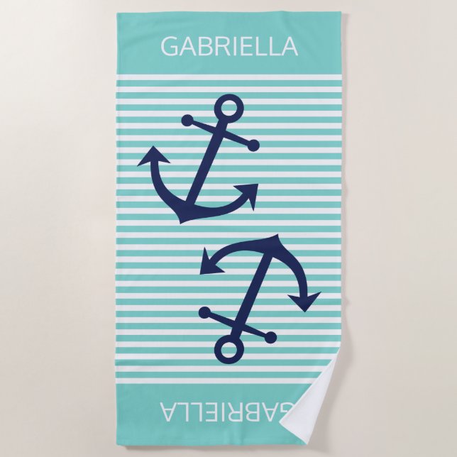 Custom Aqua Turquoise White Preppy Stripes Pattern Beach Towel (Front)