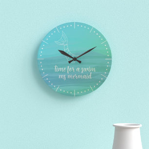 Custom Aqua Watercolor Mermaid Tail Large Clock