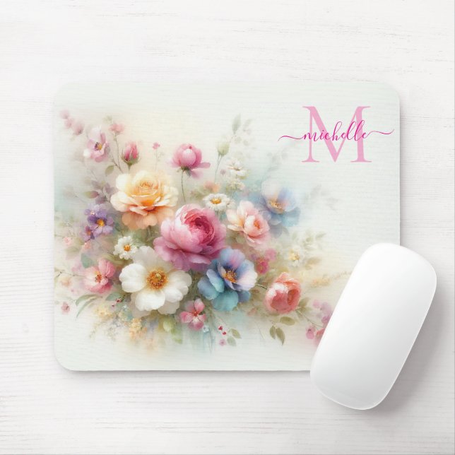 Custom Aquarell Floral Template Monogram & Name Mouse Pad (With Mouse)