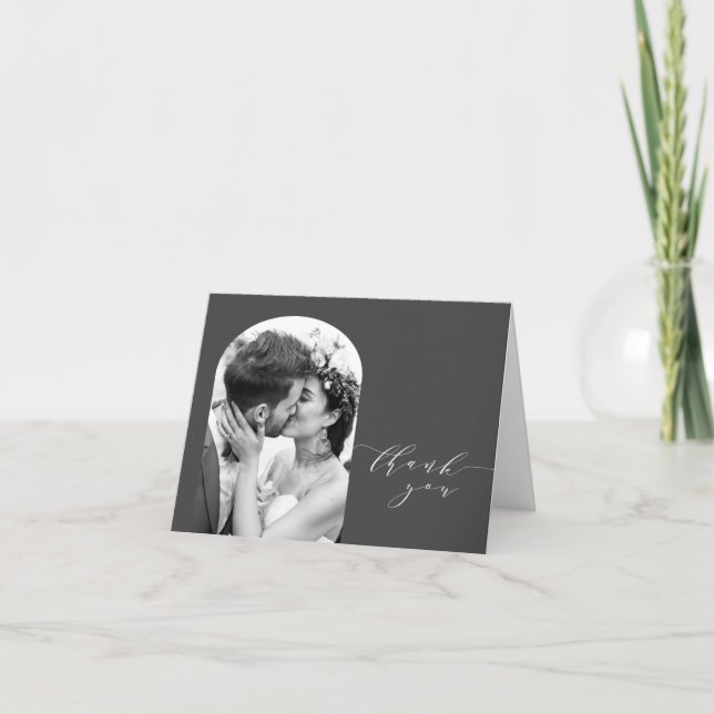 Custom Arch Shape Wedding Photo Black and White Thank You Card (Front)